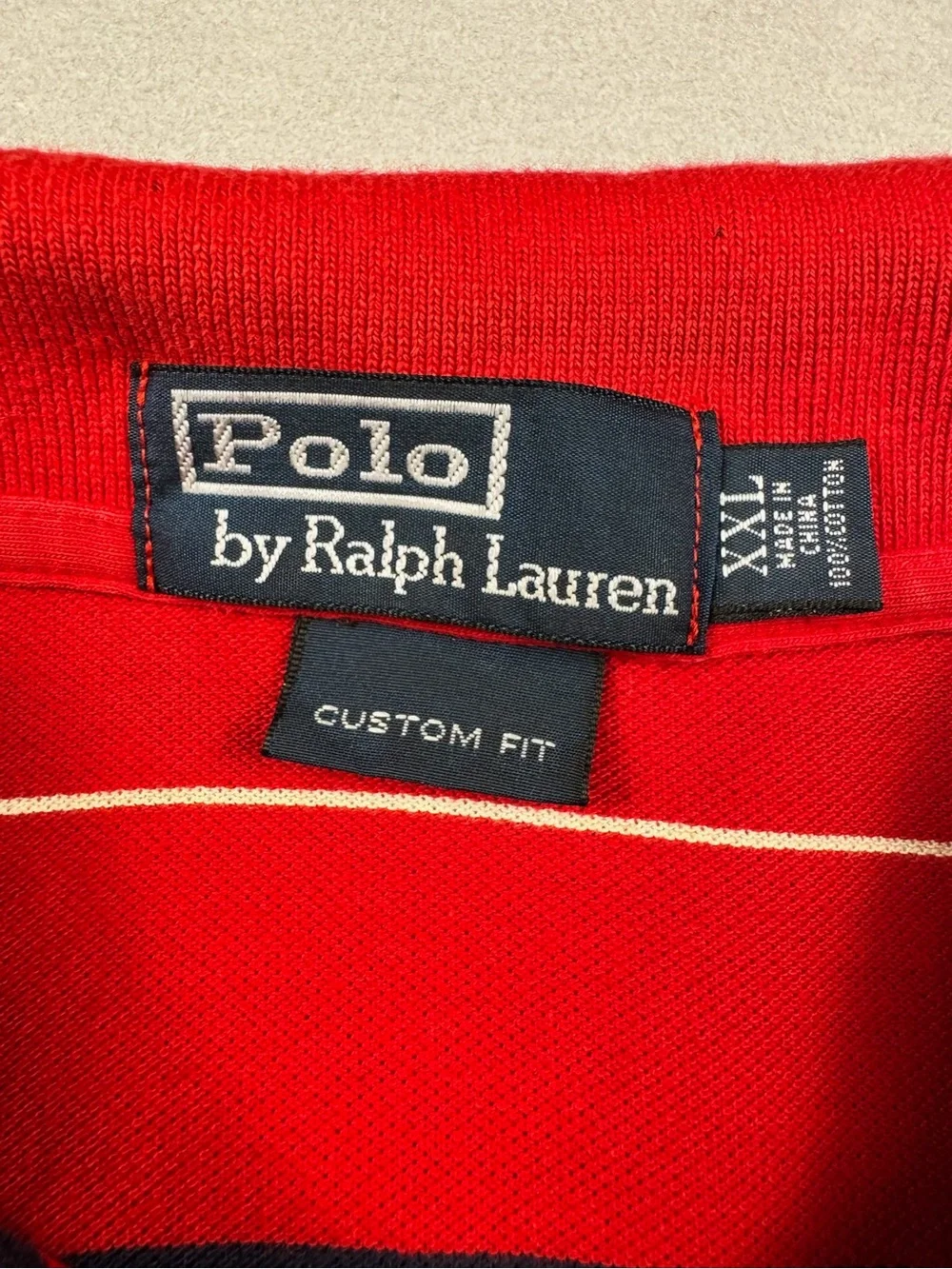Polo Ralph Lauren Mens XXL Custom Fit Polo Shirt Red Navy White Striped Cotton